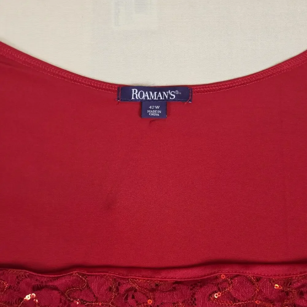Roaman's 2 Pc Plus Size 42W Red Sequin Lace Tank & Long Sheer Open Front Duster